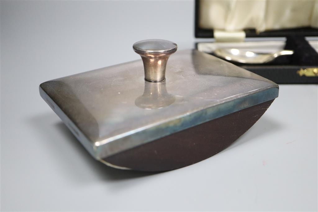 A cased modern silver seal top spoon, 12.6cm and two mounted blotters, one silver.